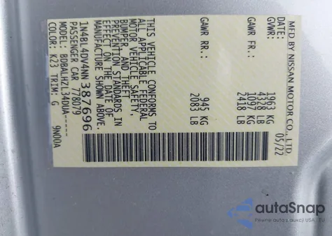 2022 Nissan Altima Sv Fwd из США, поврежденный, VIN 1N4BL4DV4NN387696